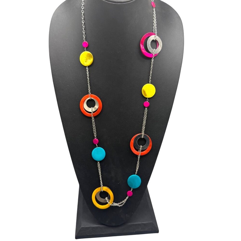 Necklace Colorful Chunky Resin Layering Retro Silver Tone 39-42 inches
